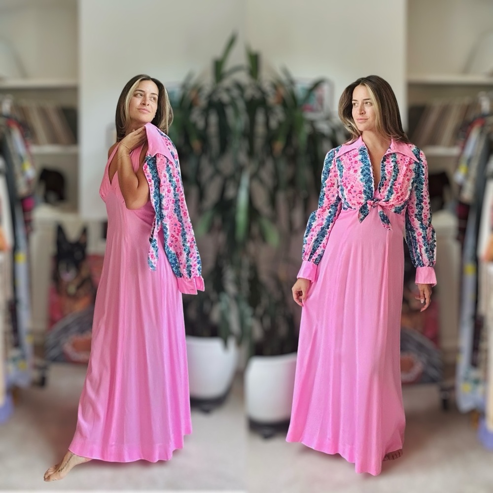 Vintage 70s Set Dress and Top Hot Pink Psychedelic Print Dagger Collar